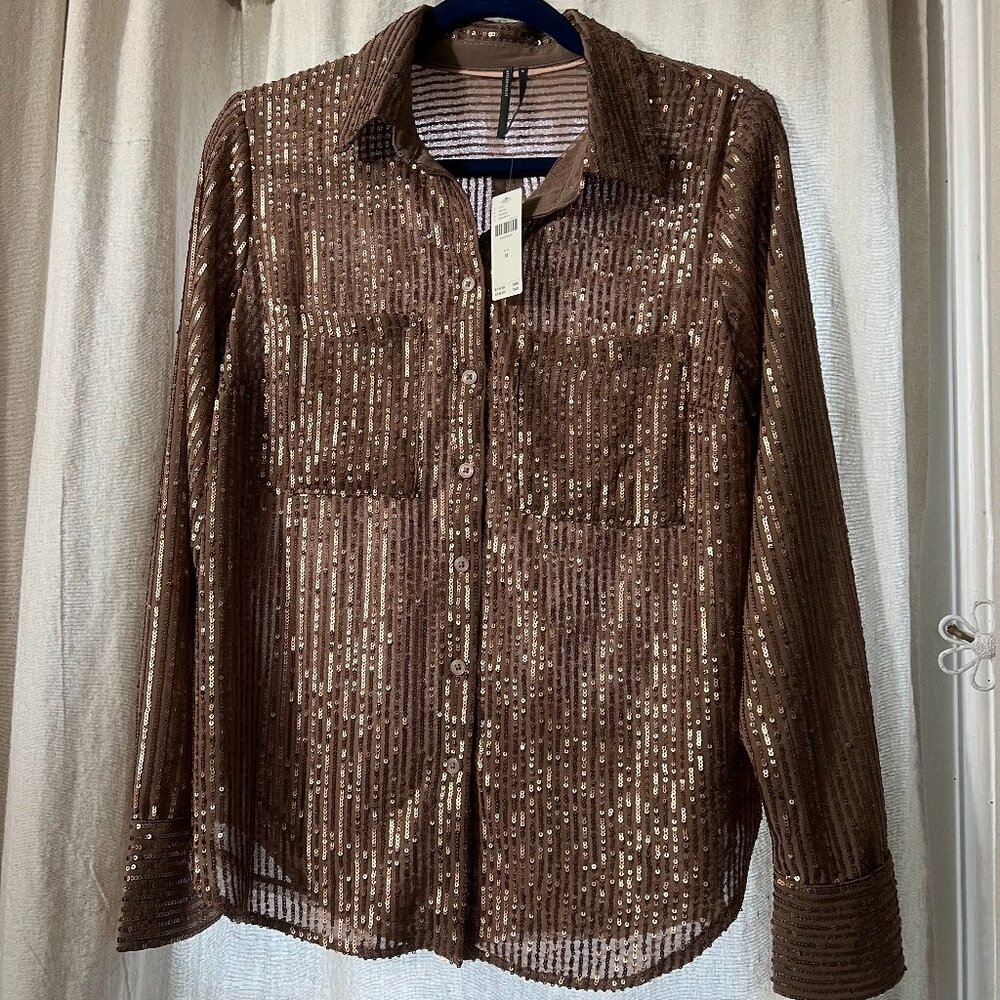 Anthropologie Brown Sequin Button-Down Shirt